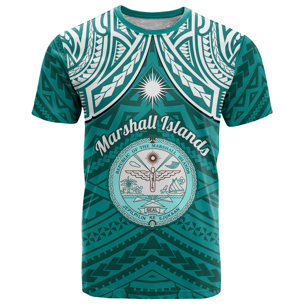 Personalised Marshall Islands T-Shirt Turquoise Polynesian Tribal Mix Coat Of Arms Graphic Tee