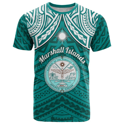 Personalised Marshall Islands T-Shirt Turquoise Polynesian Tribal Mix Coat Of Arms Graphic Tee