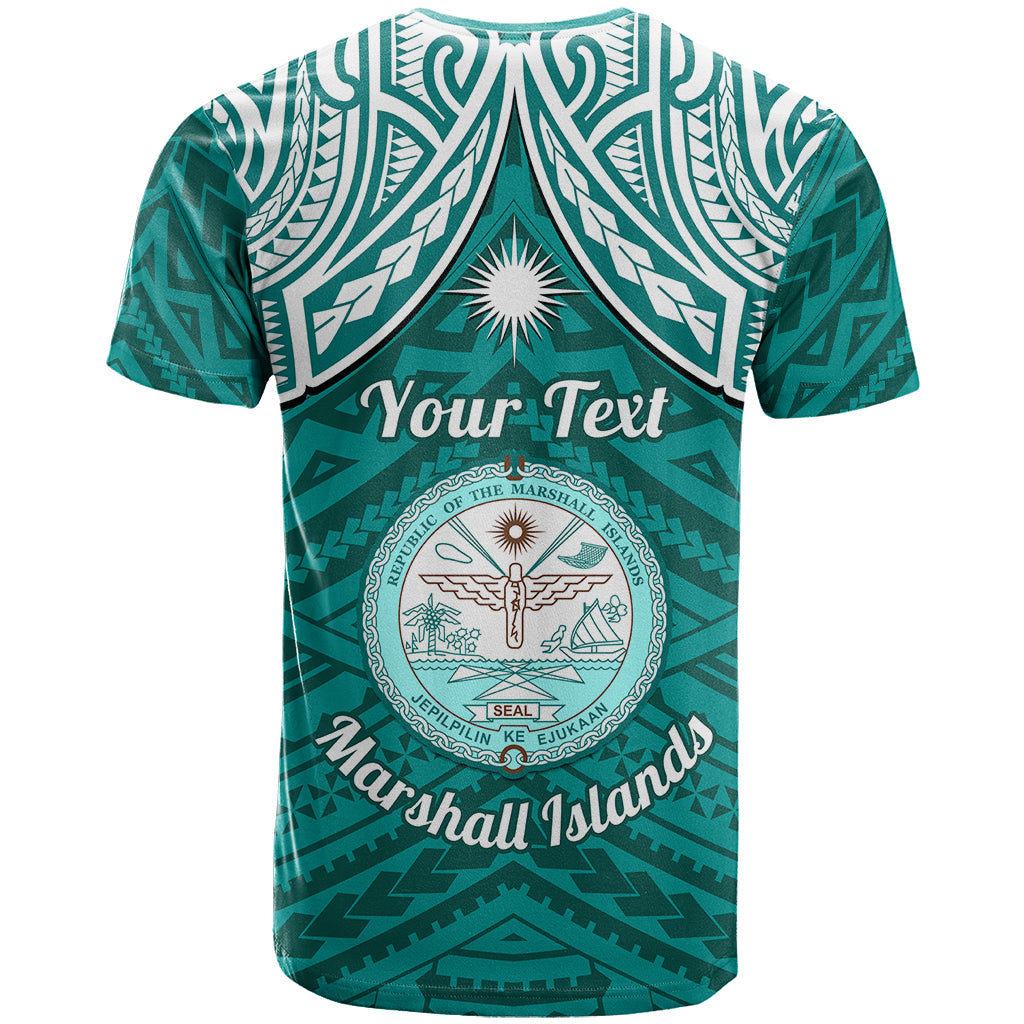 Personalised Marshall Islands T-Shirt Turquoise Polynesian Tribal Mix Coat Of Arms Graphic Tee