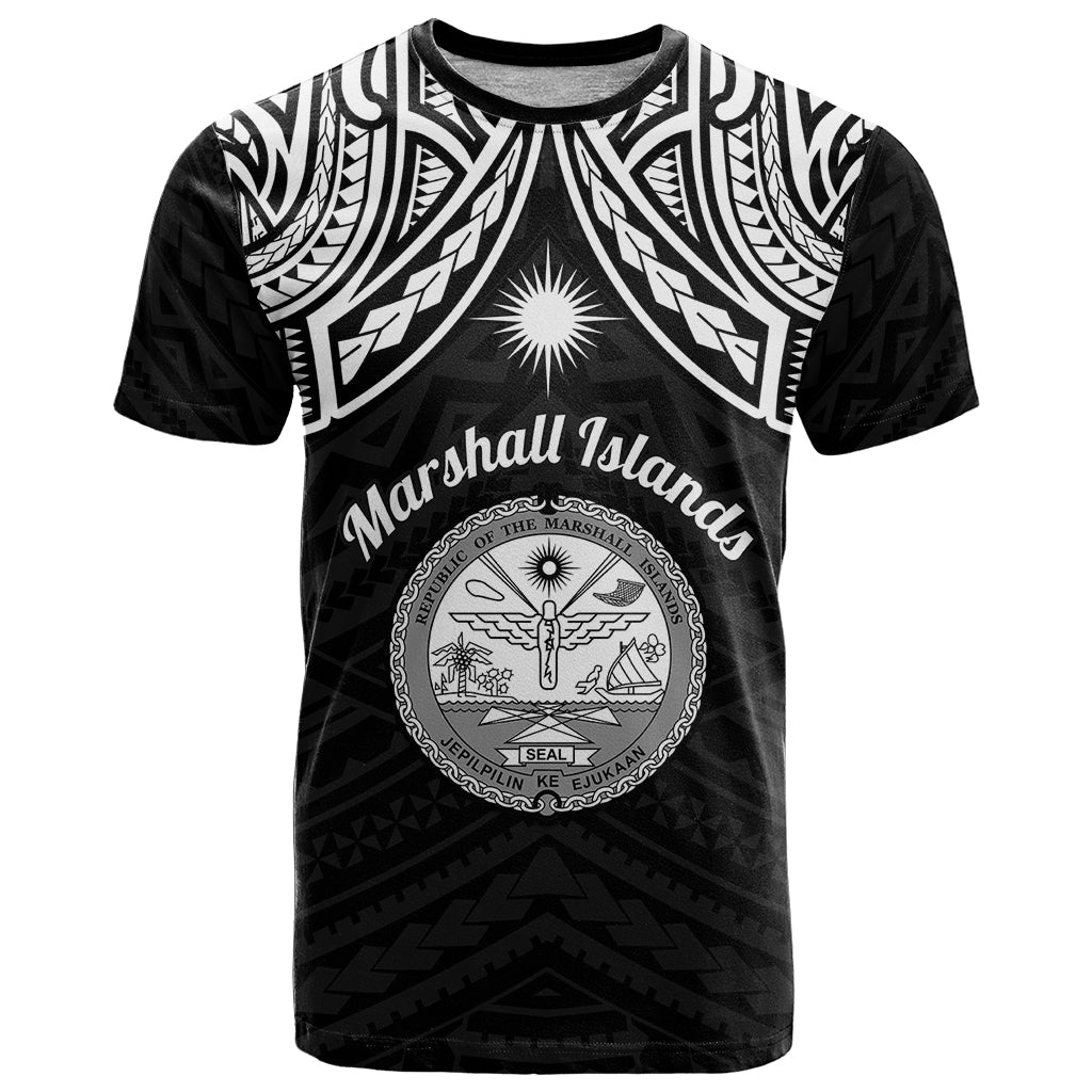 Personalised Marshall Islands T-Shirt Black Polynesian Tribal Mix Coat Of Arms Graphic Tee