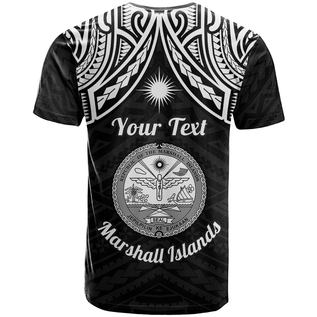 Personalised Marshall Islands T-Shirt Black Polynesian Tribal Mix Coat Of Arms Graphic Tee