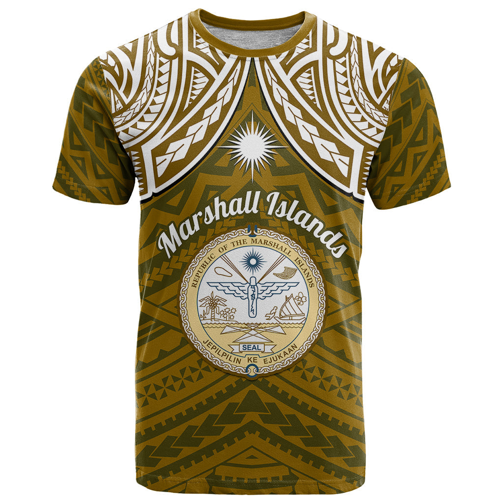 Personalised Marshall Islands T-Shirt Gold Polynesian Tribal Mix Coat Of Arms Graphic Tee