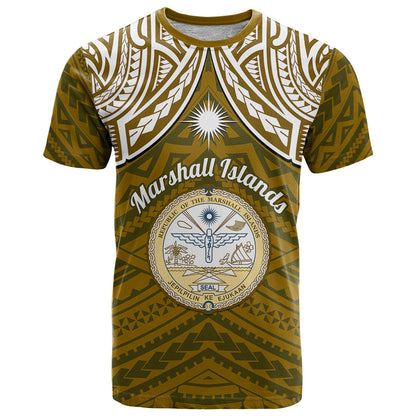 Personalised Marshall Islands T-Shirt Gold Polynesian Tribal Mix Coat Of Arms Graphic Tee