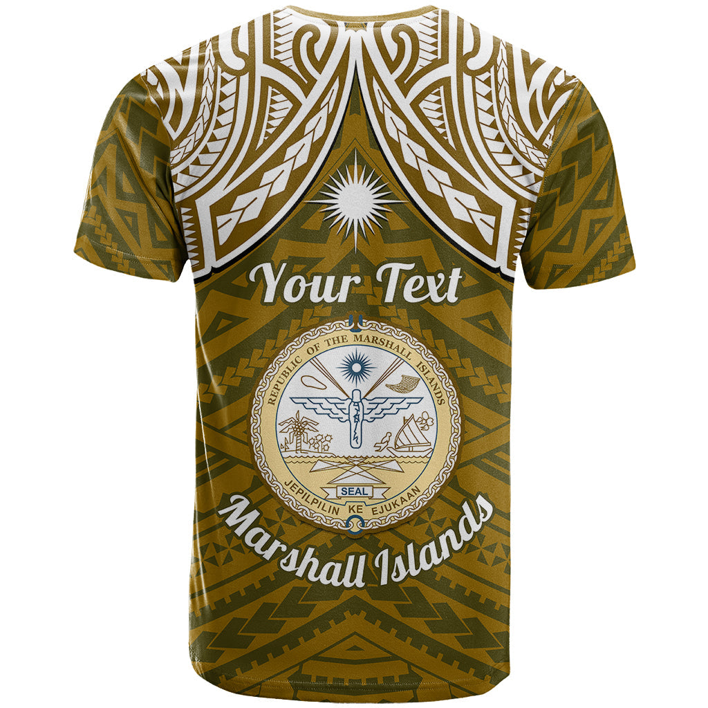 Personalised Marshall Islands T-Shirt Gold Polynesian Tribal Mix Coat Of Arms Graphic Tee