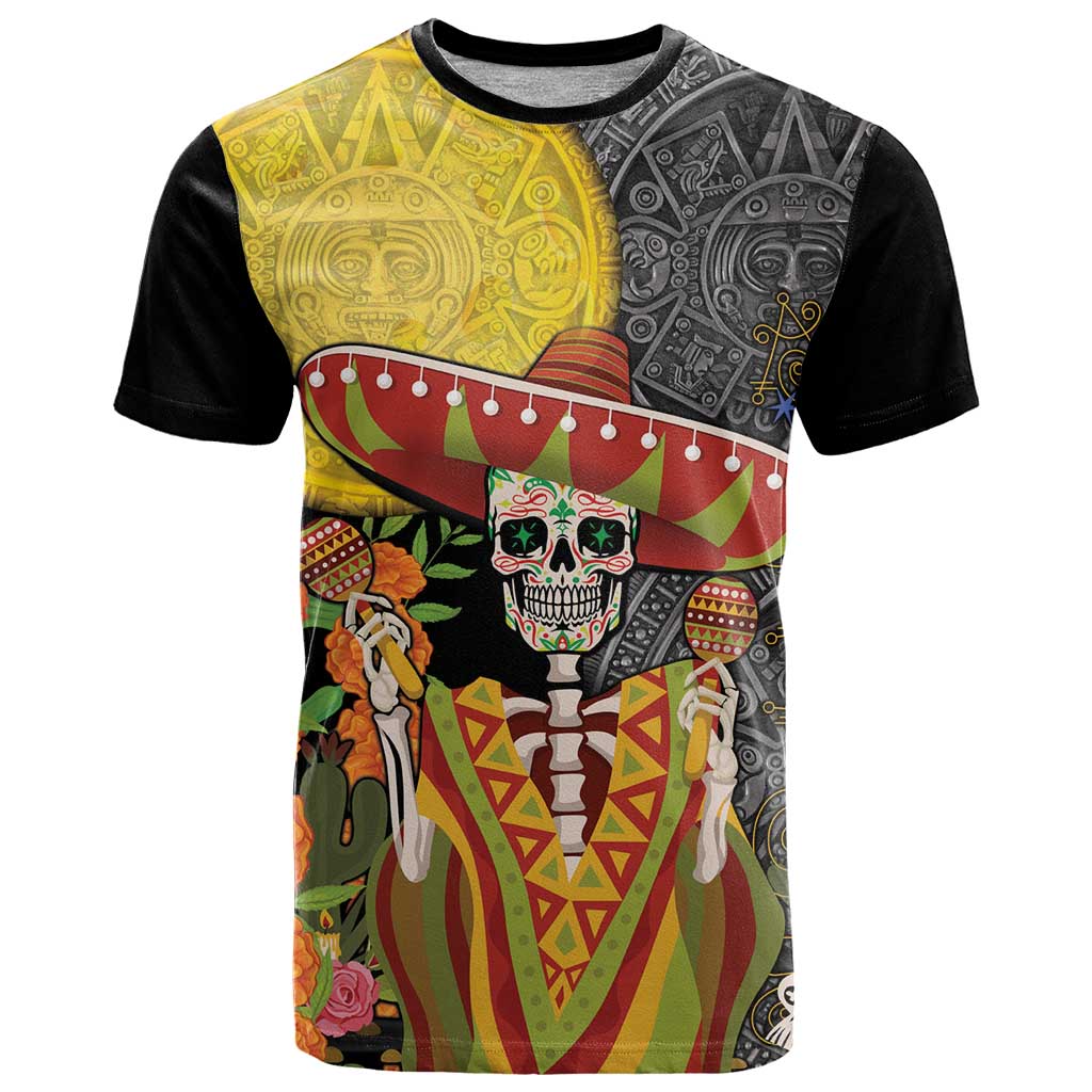 Mexico Dia De Los Muertos T-Shirt Sugar Skull Sombrero Aztec Pattern Graphic Tee