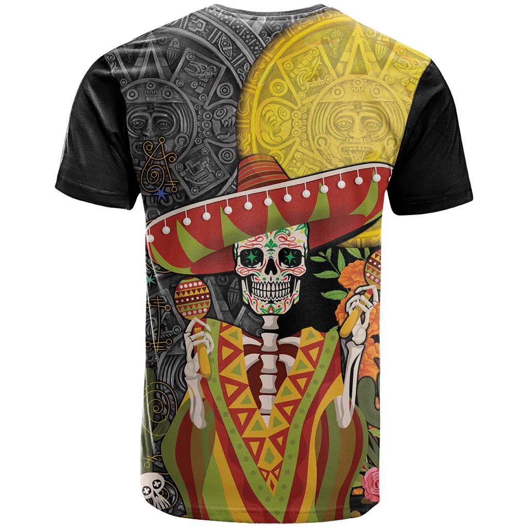 Mexico Dia De Los Muertos T-Shirt Sugar Skull Sombrero Aztec Pattern Graphic Tee