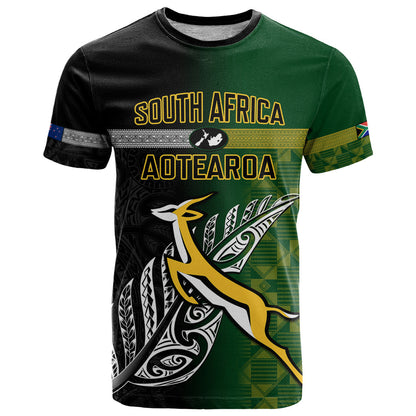 Personalised New Zealand and South Africa Rugby T-Shirt World Cup Final All Black Springboks Together Graphic Tee
