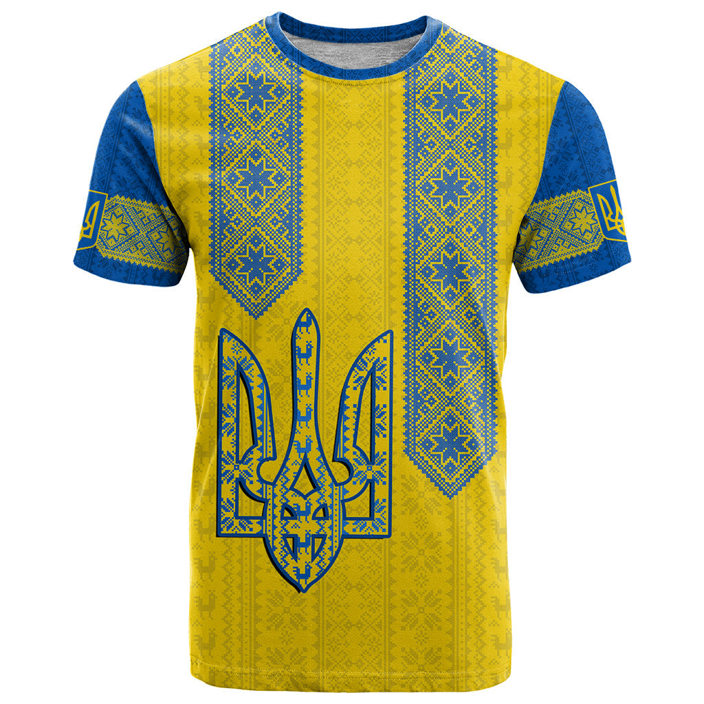 Personalised Ukraine T-Shirt Gold Trident Folk Pattern Graphic Tee