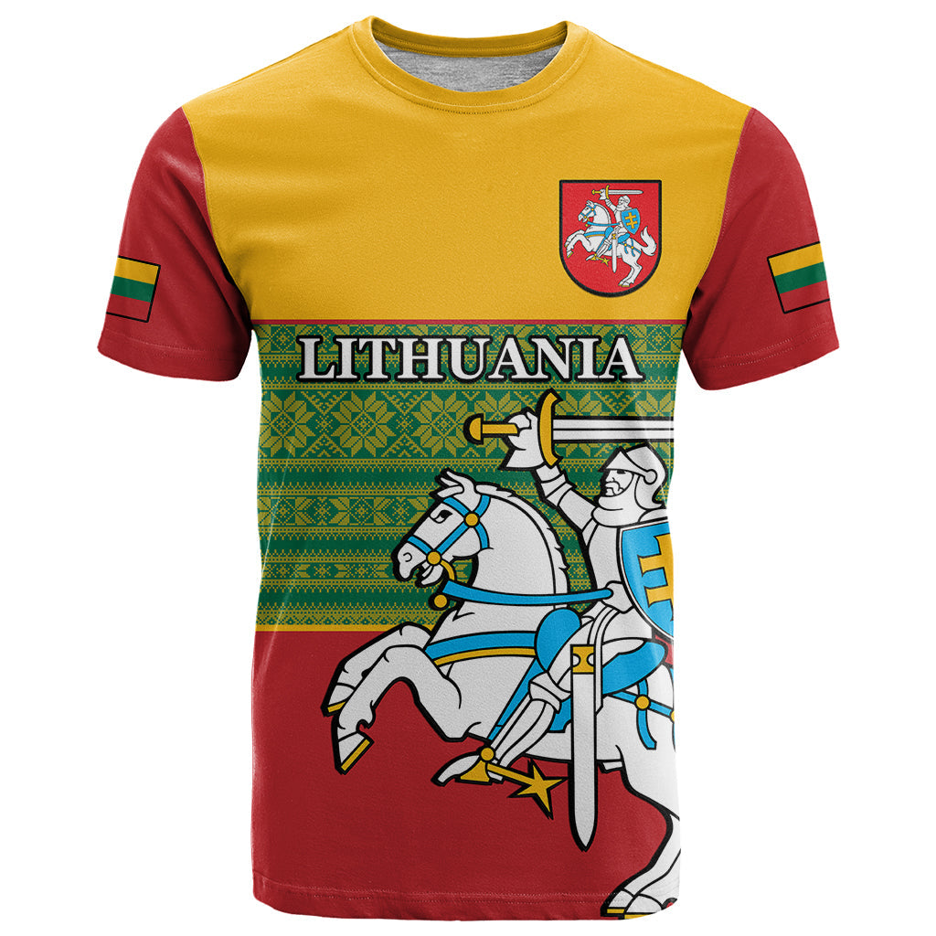 Personalised Lithuania T-Shirt Lithuanian Coat Of Arms Mix Folk Pattern Graphic Tee