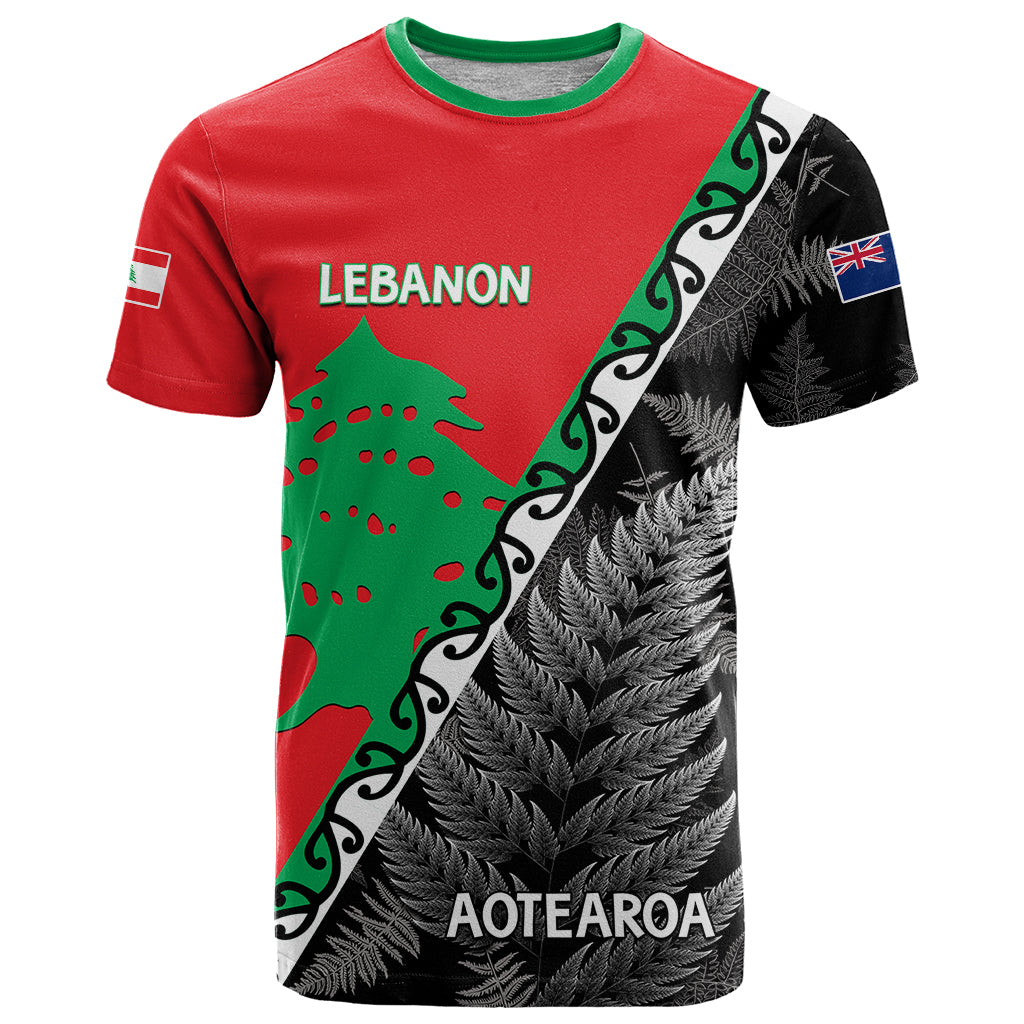 New Zealand And Lebanon T-Shirt Silver Fern Maori With Cedar Tree Together Graphic Tee