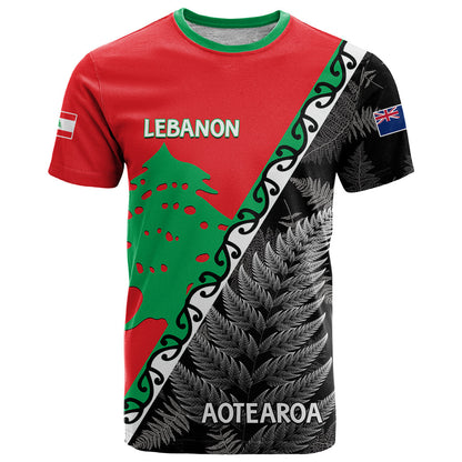 New Zealand And Lebanon T-Shirt Silver Fern Maori With Cedar Tree Together Graphic Tee
