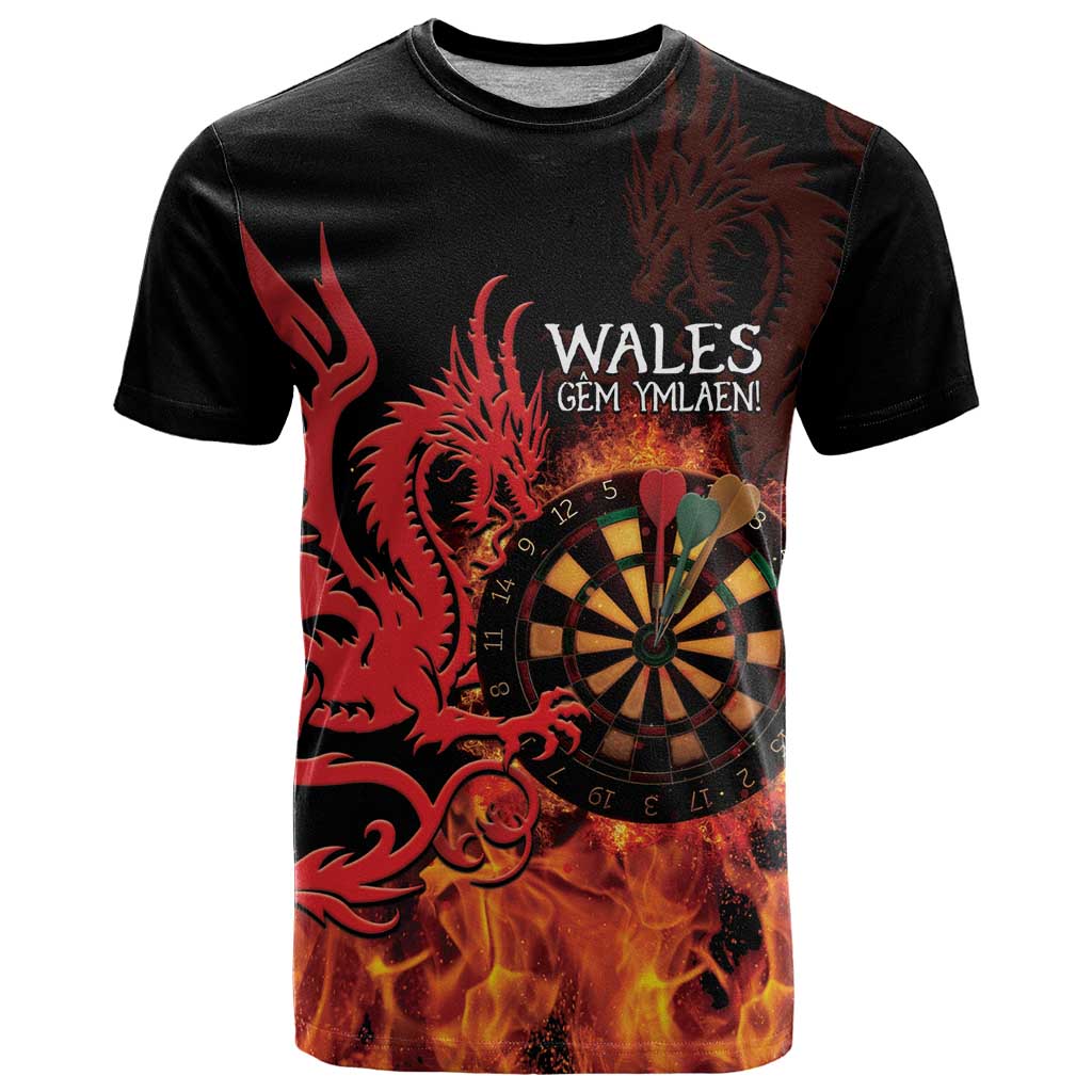 Wales Darts T-Shirt Cymru Dragon Gem Ymlaen Flaming Vibes Graphic Tee