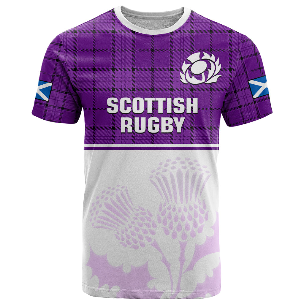 Custom Scotland Rugby T-Shirt Thistle Mix Tartan Scottish Map Sporty Version Purple Graphic Tee