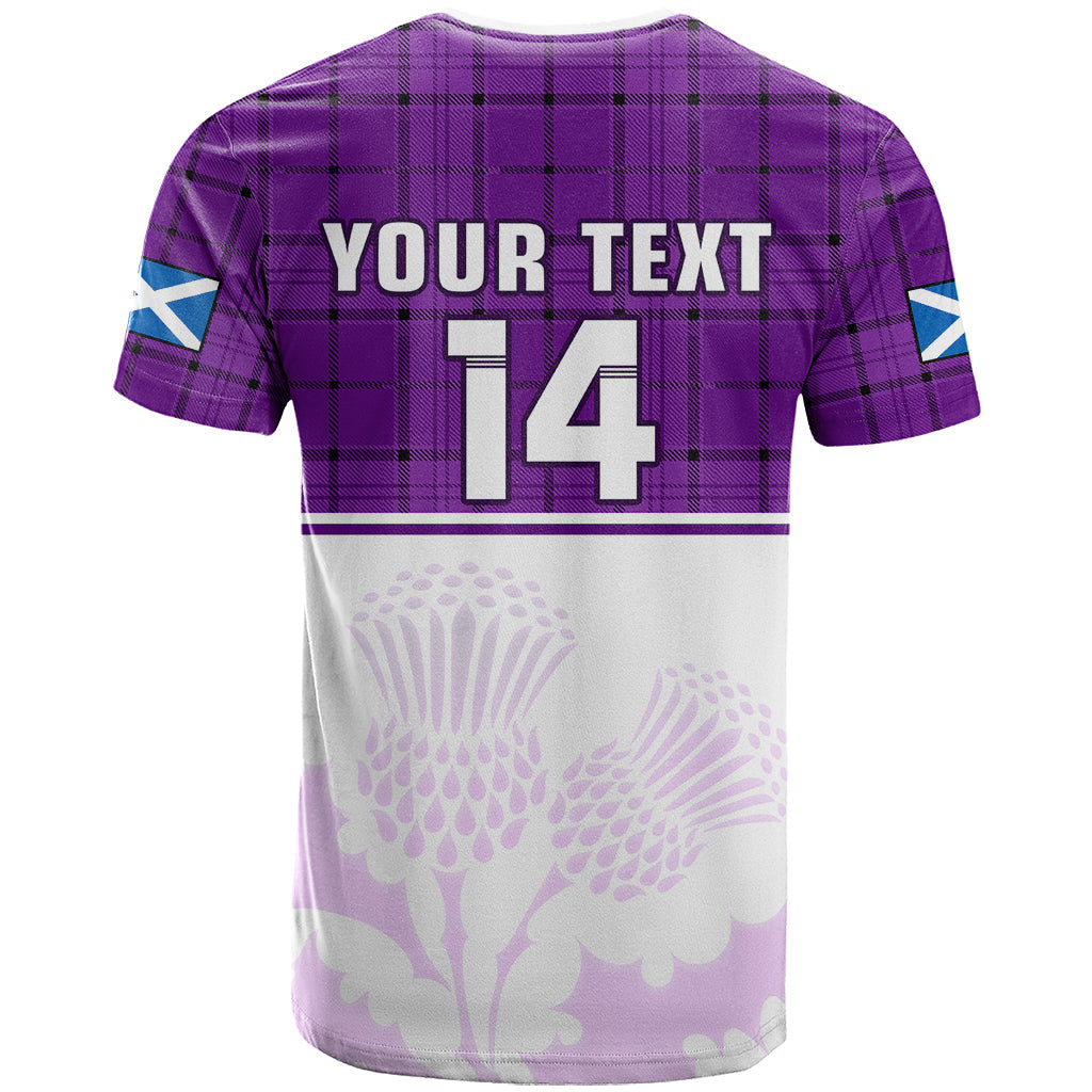 Custom Scotland Rugby T-Shirt Thistle Mix Tartan Scottish Map Sporty Version Purple Graphic Tee