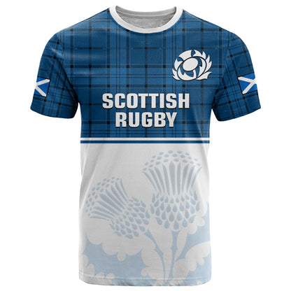 Custom Scotland Rugby T-Shirt Thistle Mix Tartan Scottish Map Sporty Version Blue Graphic Tee