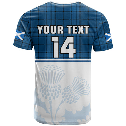 Custom Scotland Rugby T-Shirt Thistle Mix Tartan Scottish Map Sporty Version Blue Graphic Tee
