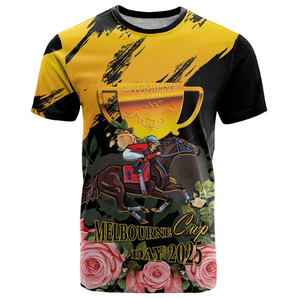 Personalised Australia Melbourne Cup Day T-Shirt Horse Racing Trophy With Roses Graphic Tee