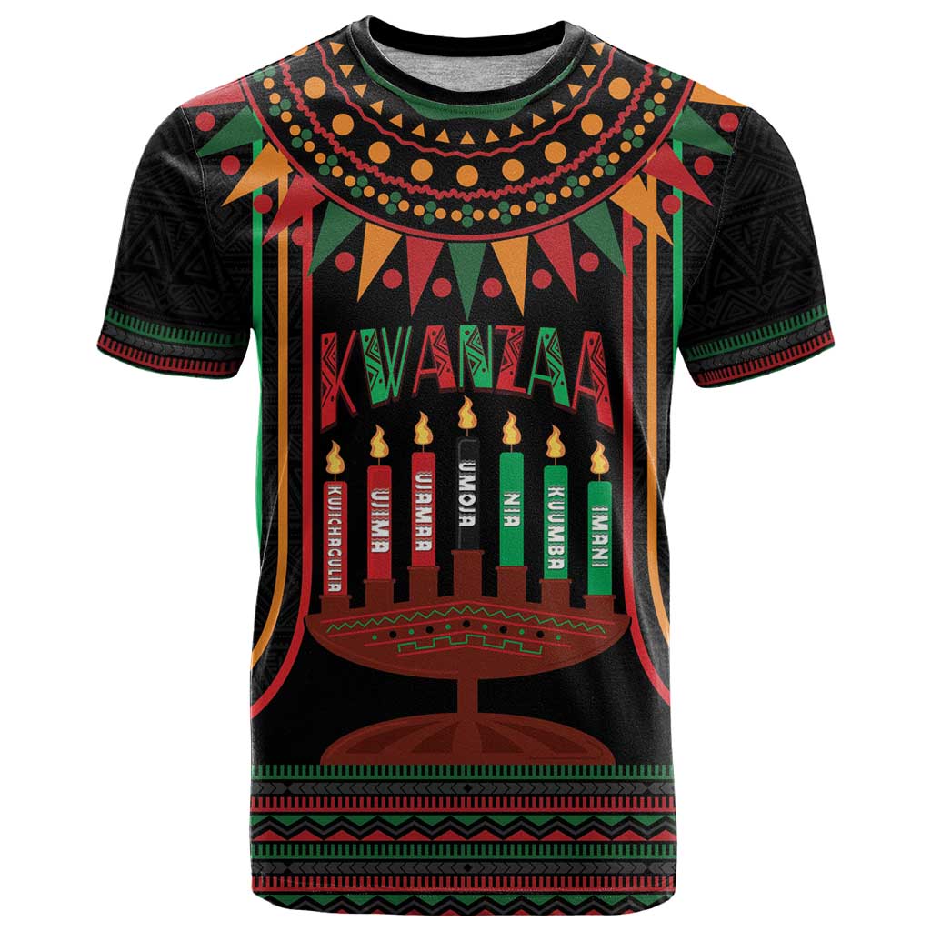 Personalized African-American Kwanzaa T-Shirt Kinara Candles African Pattern Graphic Tee
