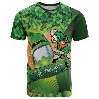 St Patrick's Day Ireland Rugby Custom T-Shirt Leprechaun Mascot Irish Shamrock Pattern Graphic Tee