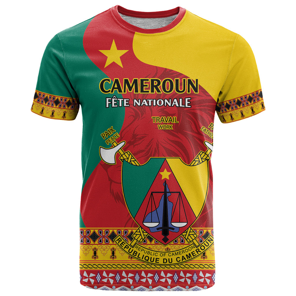 Personalised Cameroon National Day T-Shirt Cameroun Coat Of Arms With Atoghu Pattern Graphic Tee