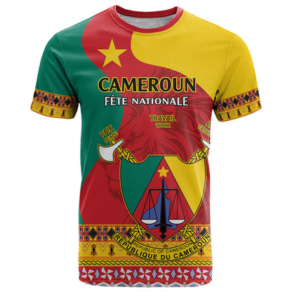 Personalised Cameroon National Day T-Shirt Cameroun Coat Of Arms With Atoghu Pattern Graphic Tee