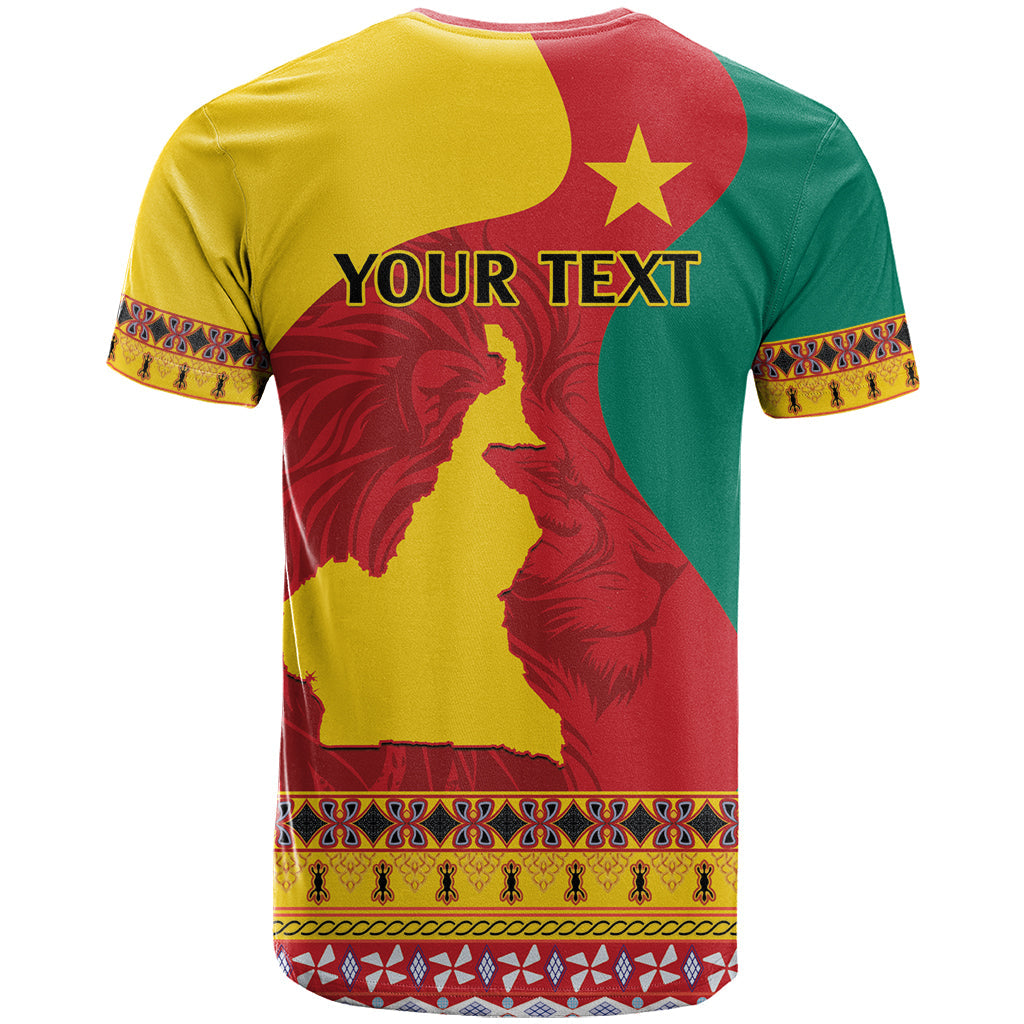 Personalised Cameroon National Day T-Shirt Cameroun Coat Of Arms With Atoghu Pattern Graphic Tee