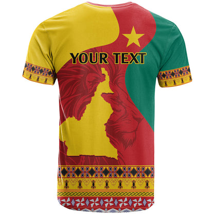 Personalised Cameroon National Day T-Shirt Cameroun Coat Of Arms With Atoghu Pattern Graphic Tee