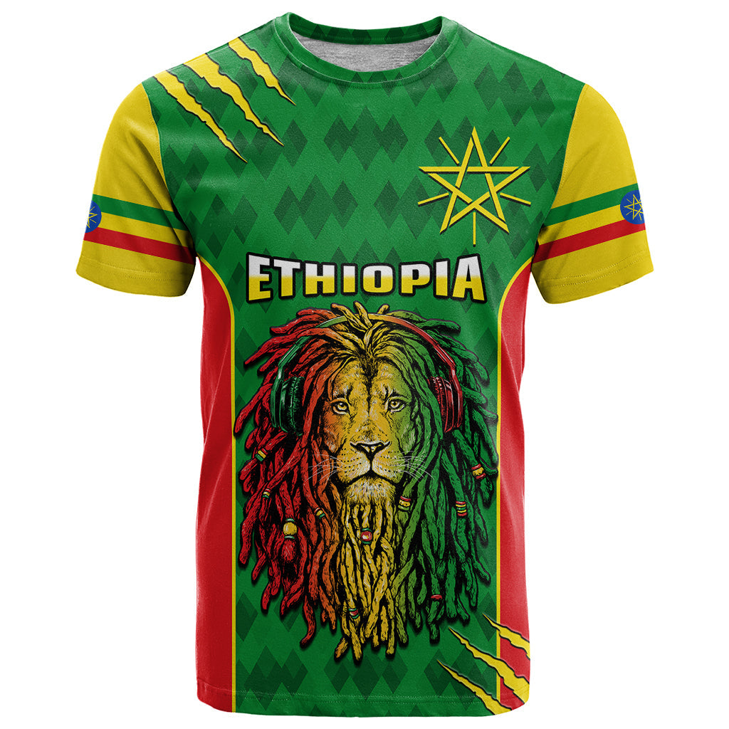 Personalised Ethiopia T-Shirt Men's Dreadlock Rasta Lion Headphones Graphic Tee