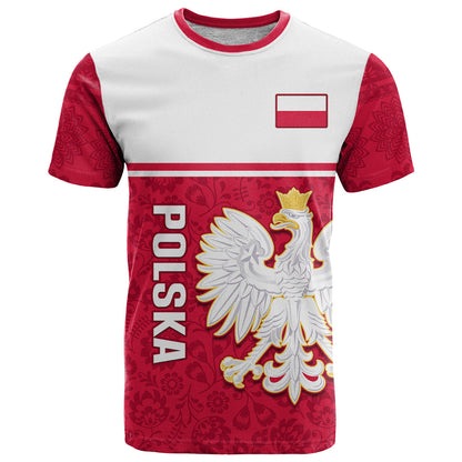 Personalised Poland T-Shirt Polska Coat Of Arms With Folk Pattern Graphic Tee