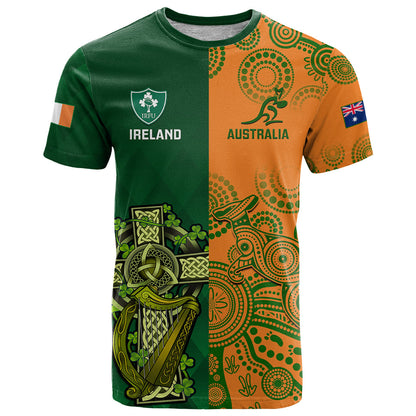 Australia And Ireland Rugby T-Shirt World Cup Walllabies With Shamrocks Graphic Tee
