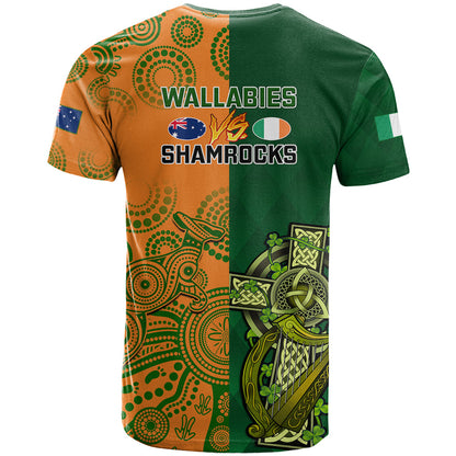 Australia And Ireland Rugby T-Shirt World Cup Walllabies With Shamrocks Graphic Tee