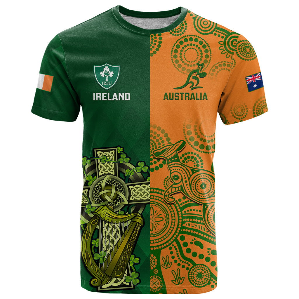 Custom Australia And Ireland Rugby T-Shirt World Cup Walllabies With Shamrocks Graphic Tee