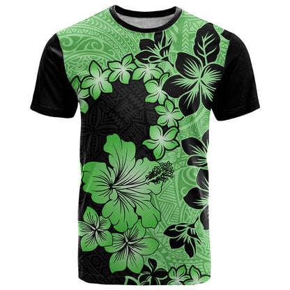 Green Hawaii T-Shirt Tapa Cloth Mix Tropical Flowers Pastel Vibes Graphic Tee