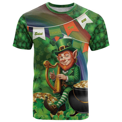 Happy Saint Patrick's Day T-Shirt Leprechaun With Irish Harp - Shamrock Pattern Graphic Tee