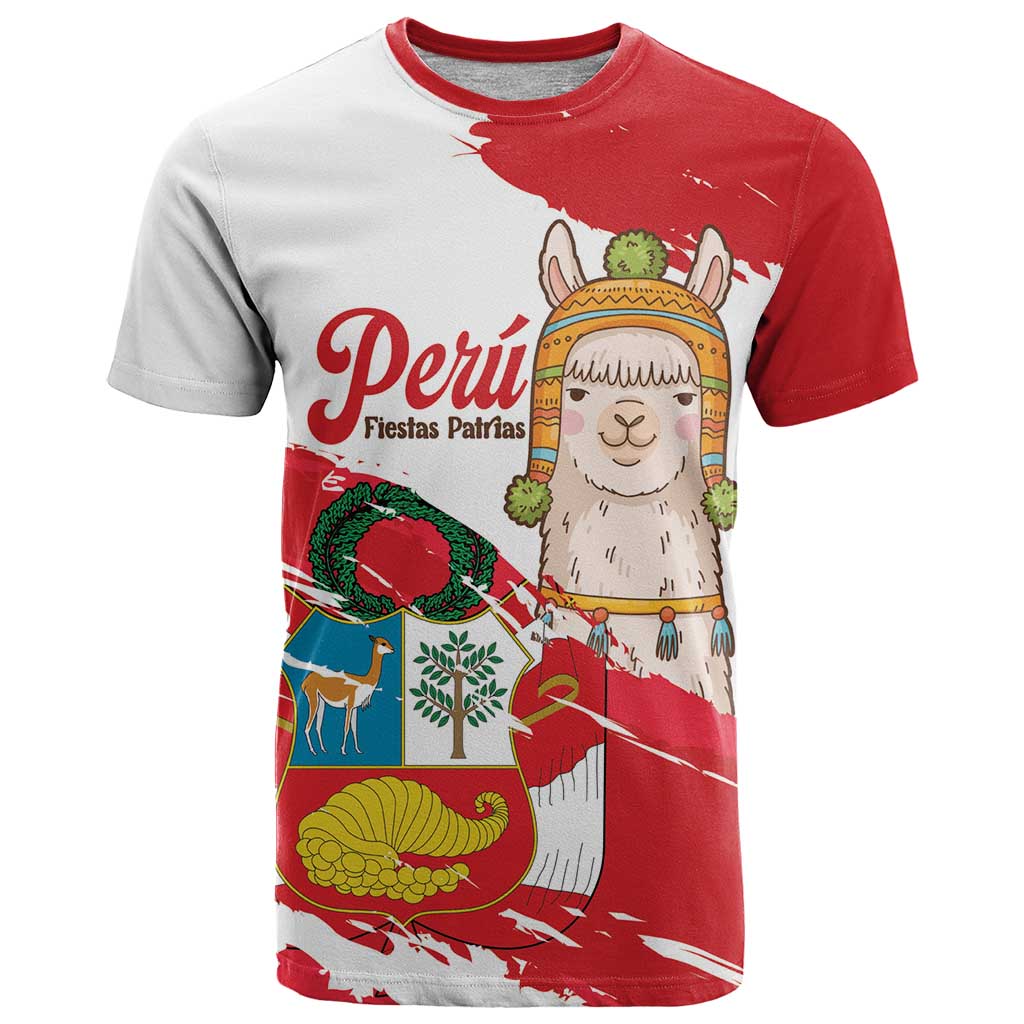 Fiestas Patrias de Peru T-Shirt Coat Of Arms With Cute Alpaca Face Graphic Tee