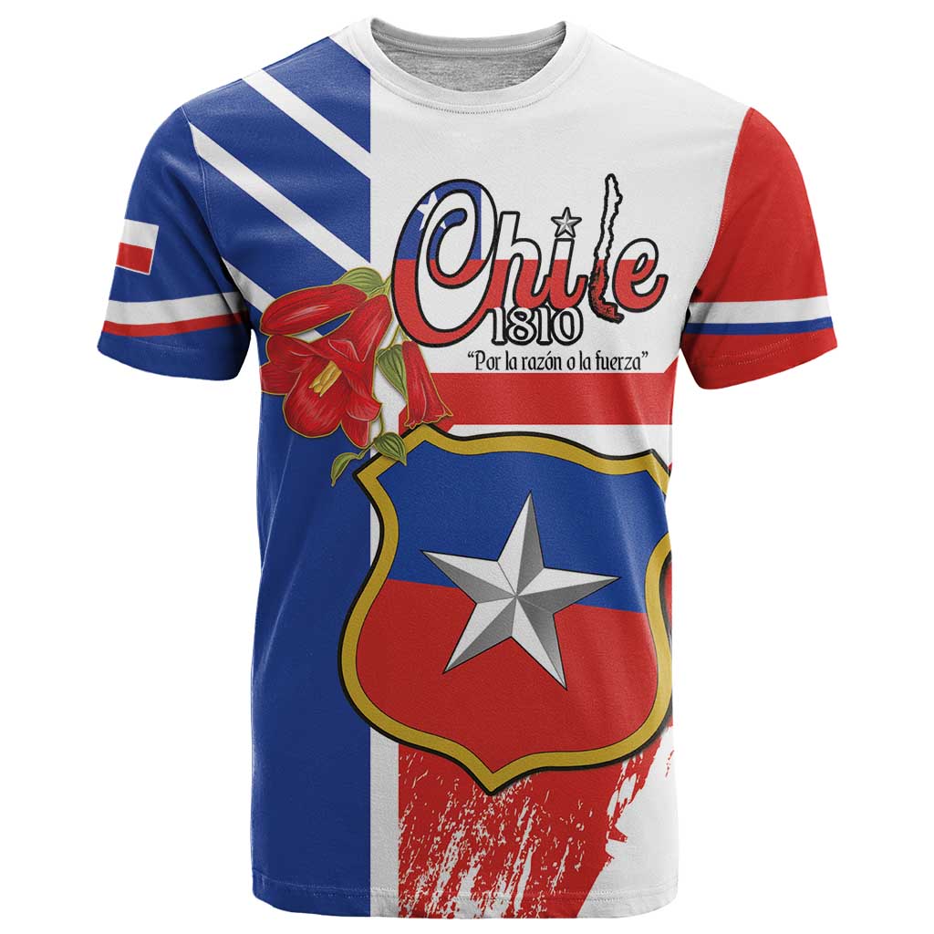 Personalized Chile Independence Day T-Shirt Chilean Coat Of Arms Copihue Flag Style Graphic Tee