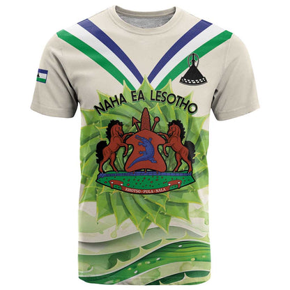 Personalised Lesotho Independence Day T-Shirt Aloe Polyphylla Mix Coat Of Arms Graphic Tee