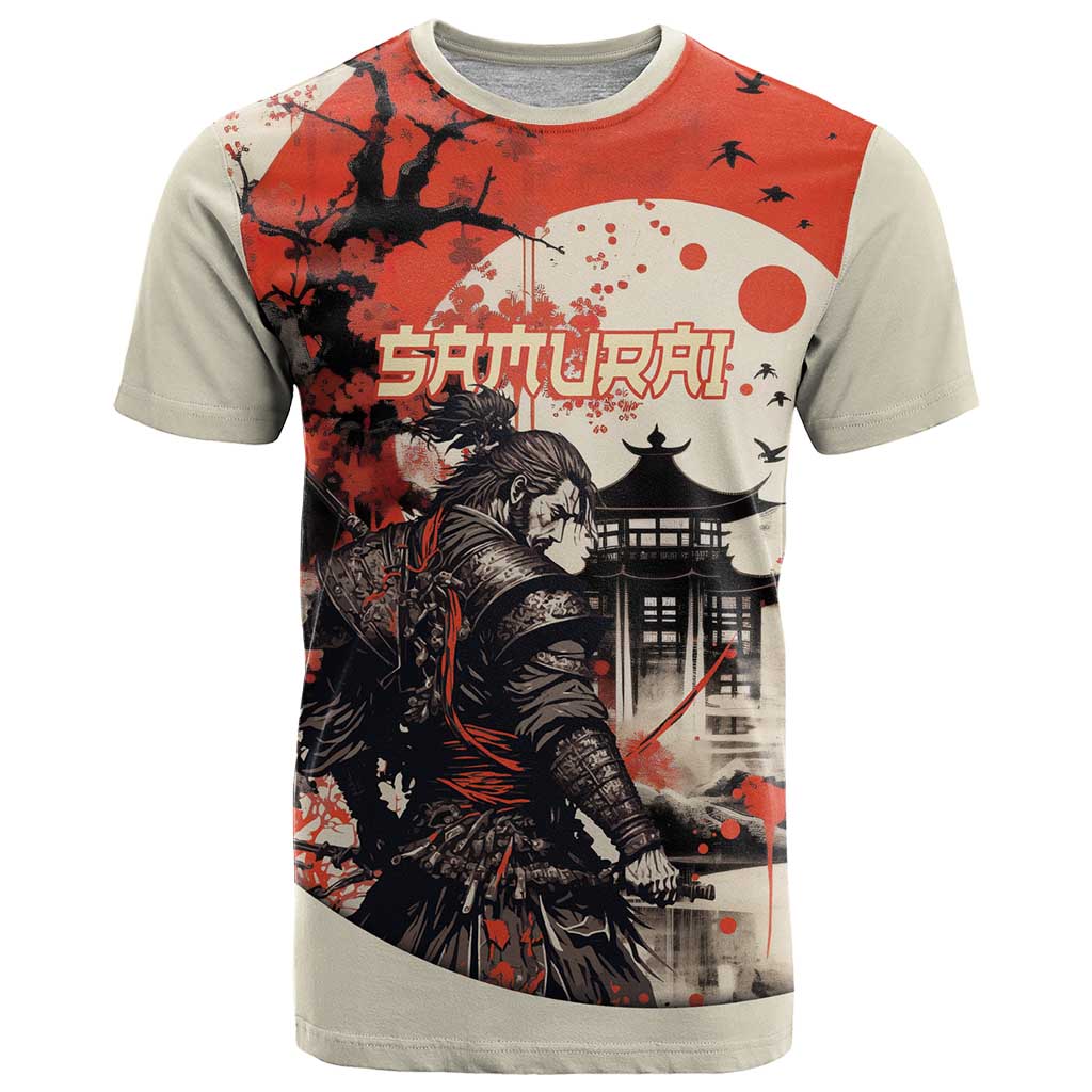 Samurai Warrior Japan T-Shirt Red-blossomed Tree Classic Japanese Stylized Graphic Tee