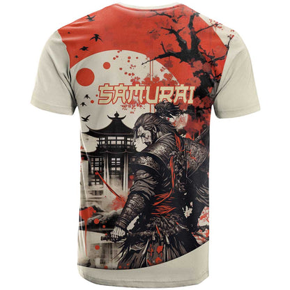 Samurai Warrior Japan T-Shirt Red-blossomed Tree Classic Japanese Stylized Graphic Tee