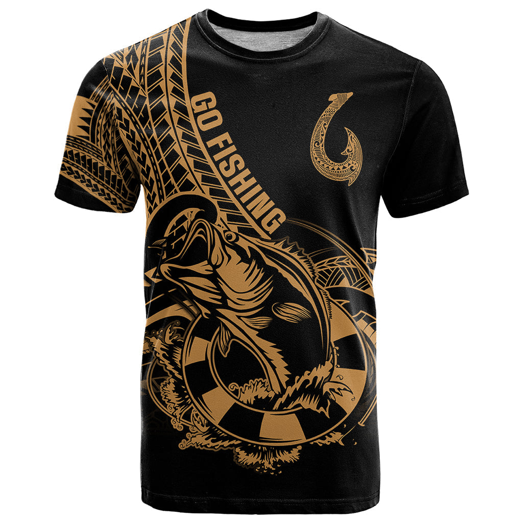 Polynesia T-Shirt Fish Hook Tattoo Go Fishing Polynesian Pattern Gold Graphic Tee