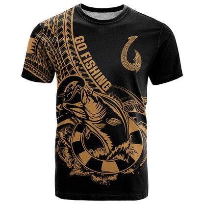 Polynesia T-Shirt Fish Hook Tattoo Go Fishing Polynesian Pattern Gold Graphic Tee