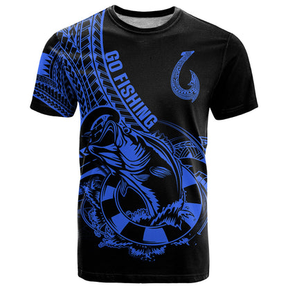 Polynesia T-Shirt Fish Hook Tattoo Go Fishing Polynesian Pattern Blue Graphic Tee