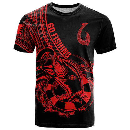 Polynesia T-Shirt Fish Hook Tattoo Go Fishing Polynesian Pattern Red Graphic Tee