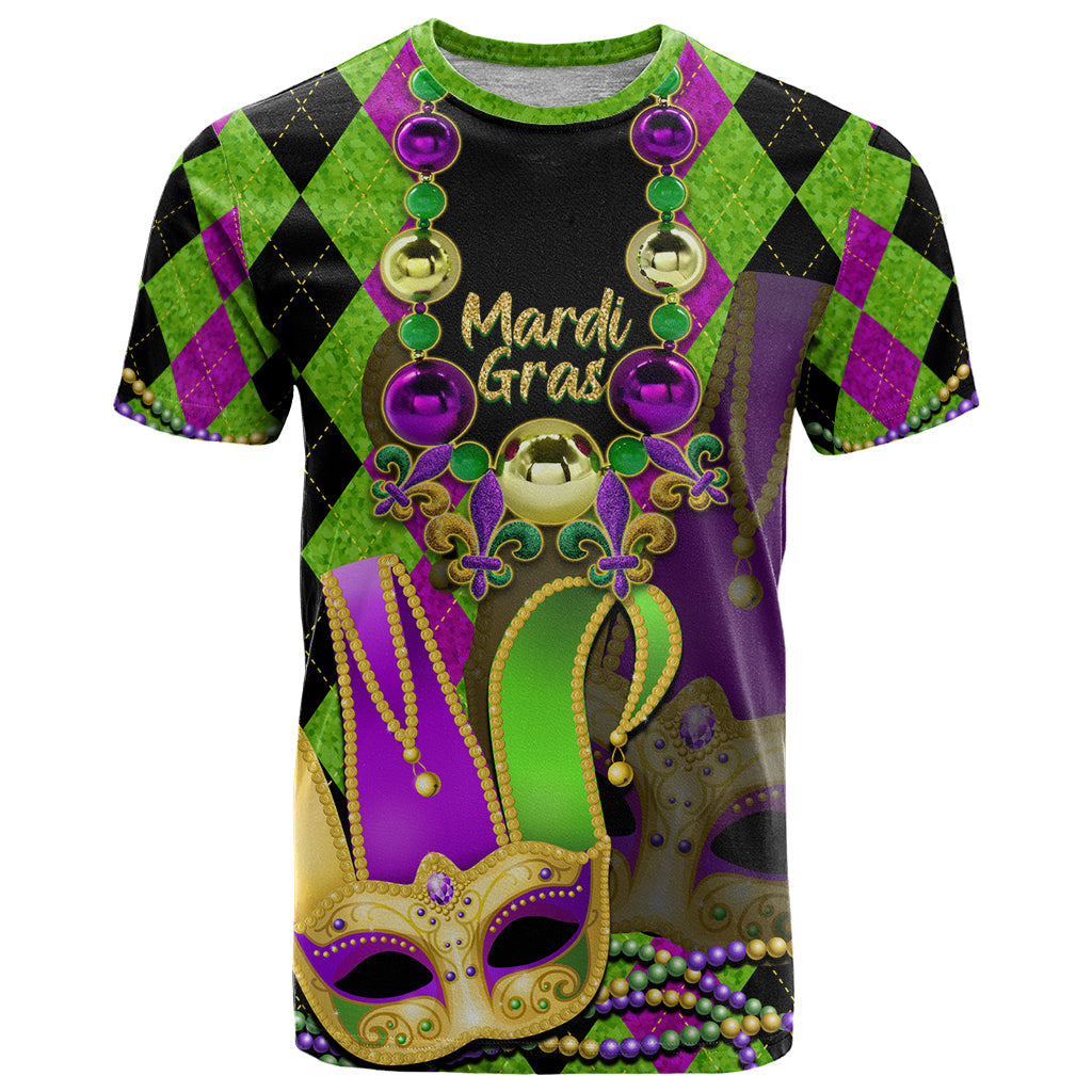 Mardi Gras 2024 T-Shirt Jester Mask With Beads Colorful Version Graphic Tee