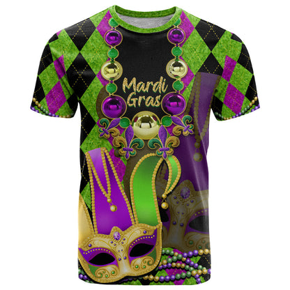 Mardi Gras 2024 T-Shirt Jester Mask With Beads Colorful Version Graphic Tee
