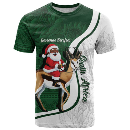 South Africa Christmas In July T-Shirt Geseende Kersfees Springbok Black Santa Graphic Tee