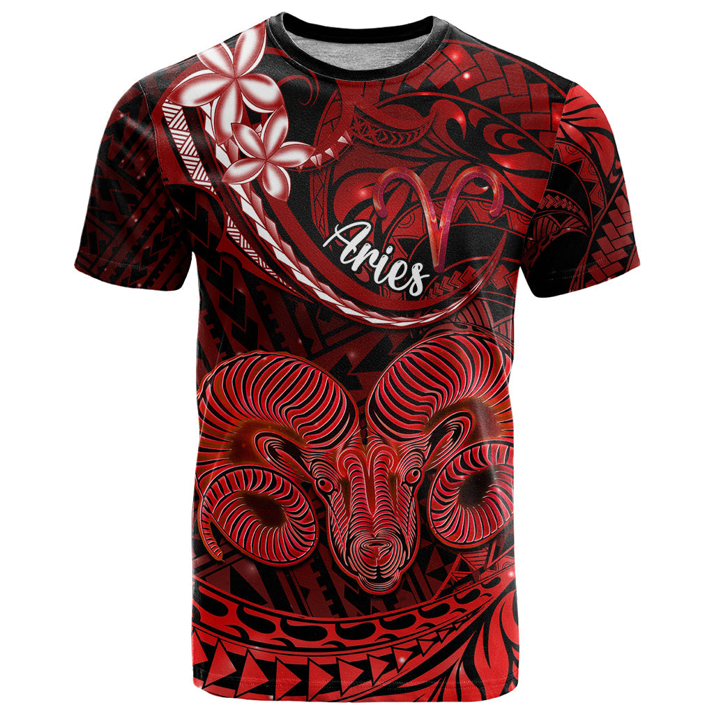 Polynesian Pride Aries Zodiac T-Shirt Astrological Sign Tribal Plumeria Red Galaxy Graphic Tee