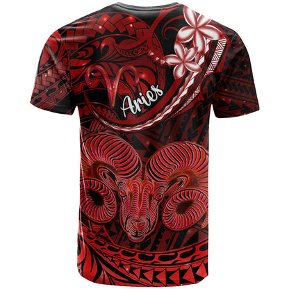 Polynesian Pride Aries Zodiac T-Shirt Astrological Sign Tribal Plumeria Red Galaxy Graphic Tee