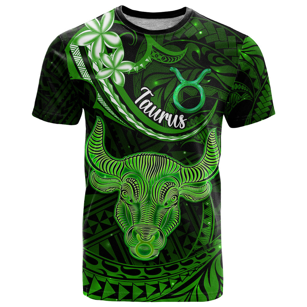 Polynesian Pride Taurus Zodiac T-Shirt Astrological Sign Tribal Plumeria Green Galaxy Graphic Tee