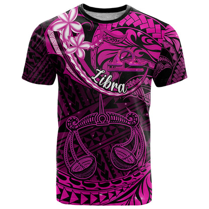 Polynesian Pride Libra Zodiac T-Shirt Astrological Sign Tribal Plumeria Pink Galaxy Graphic Tee